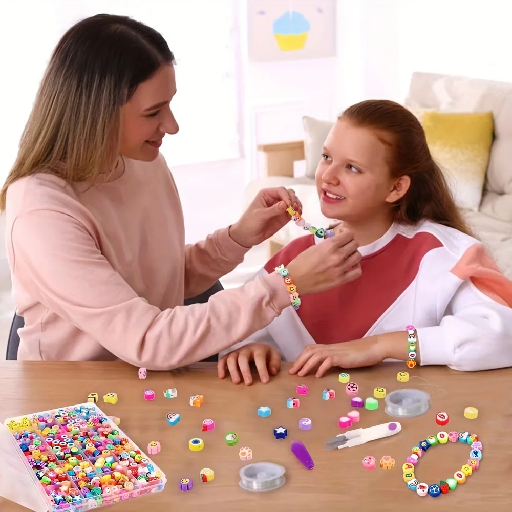 Toowl Wholesale 1box/480pcs Cute Heart Mushroom Fruit Flower Strands Bulk Polymer Clay Beads Charms Making Kits Bracelet Set