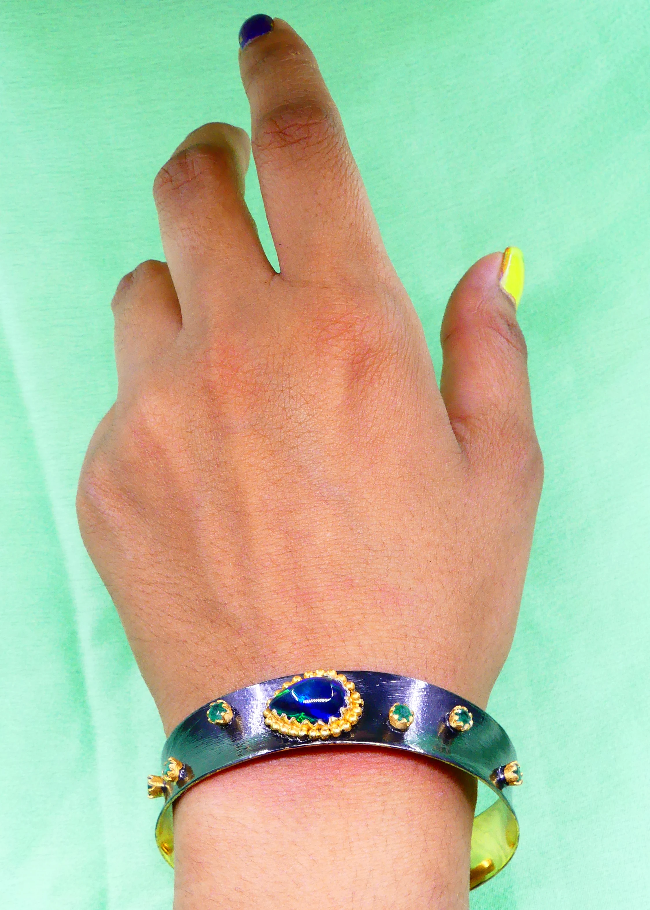Handmade Oxidized 925 Sterling Silver Black Opal and Emerald Gemstones Daily Wear Ladies Cuff Bangle