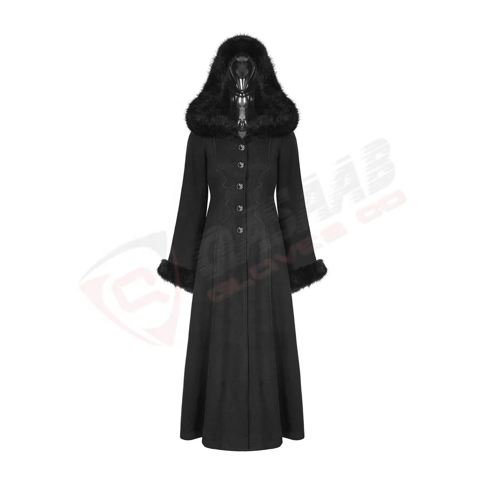 Fashion Hooded Black Winter Longed-Trench Women Breathable-Detachable Fur-Collar Gothic-Victorians Corset-Coat