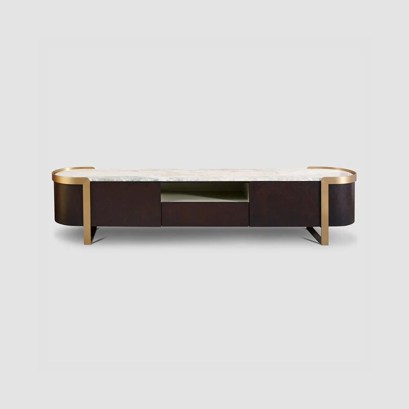 Modern living room cabinet gold stainless leg black cabinet sideboard console wooden marble TV stand