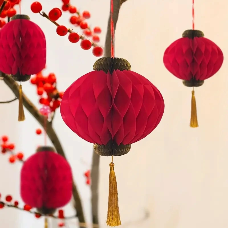 Vibrant Red Paper Honeycomb Lantern Unique Decorative Lighting for Chinese New Year Lunar New Year Lantern Festival Celebrations