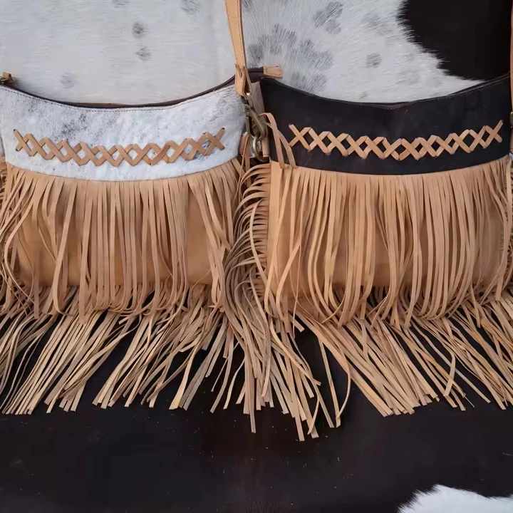 Western Stylish Crossbody Bag Vintage Style Real Cowhide High Quality Fringe Handbags Leather Sling Bag Bohemian Bags