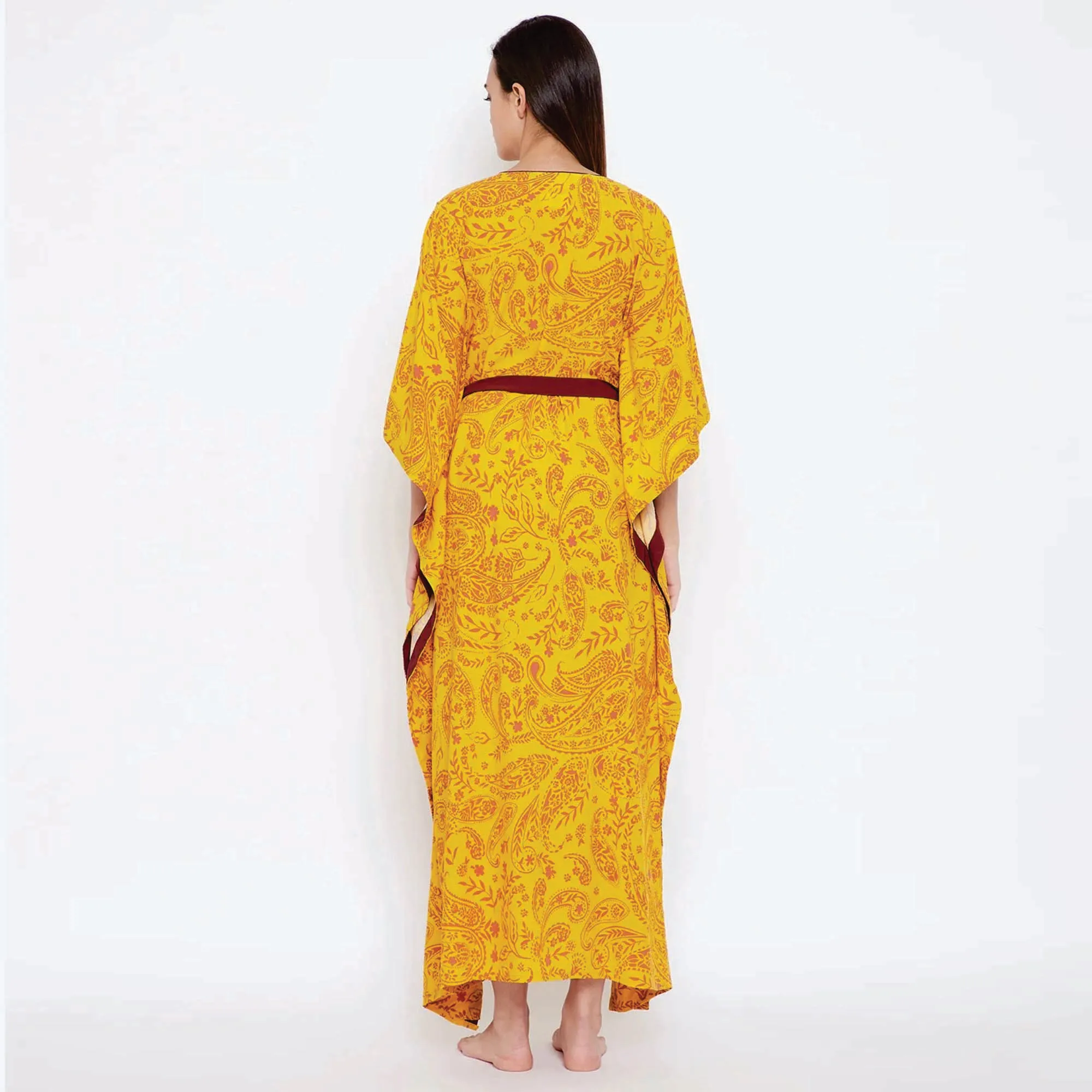 Comfortable Fit Viscose Modal Shaped Neckline with Piping Detail with Short Extended Sleeves Yellow Paisley Print Kaftan
