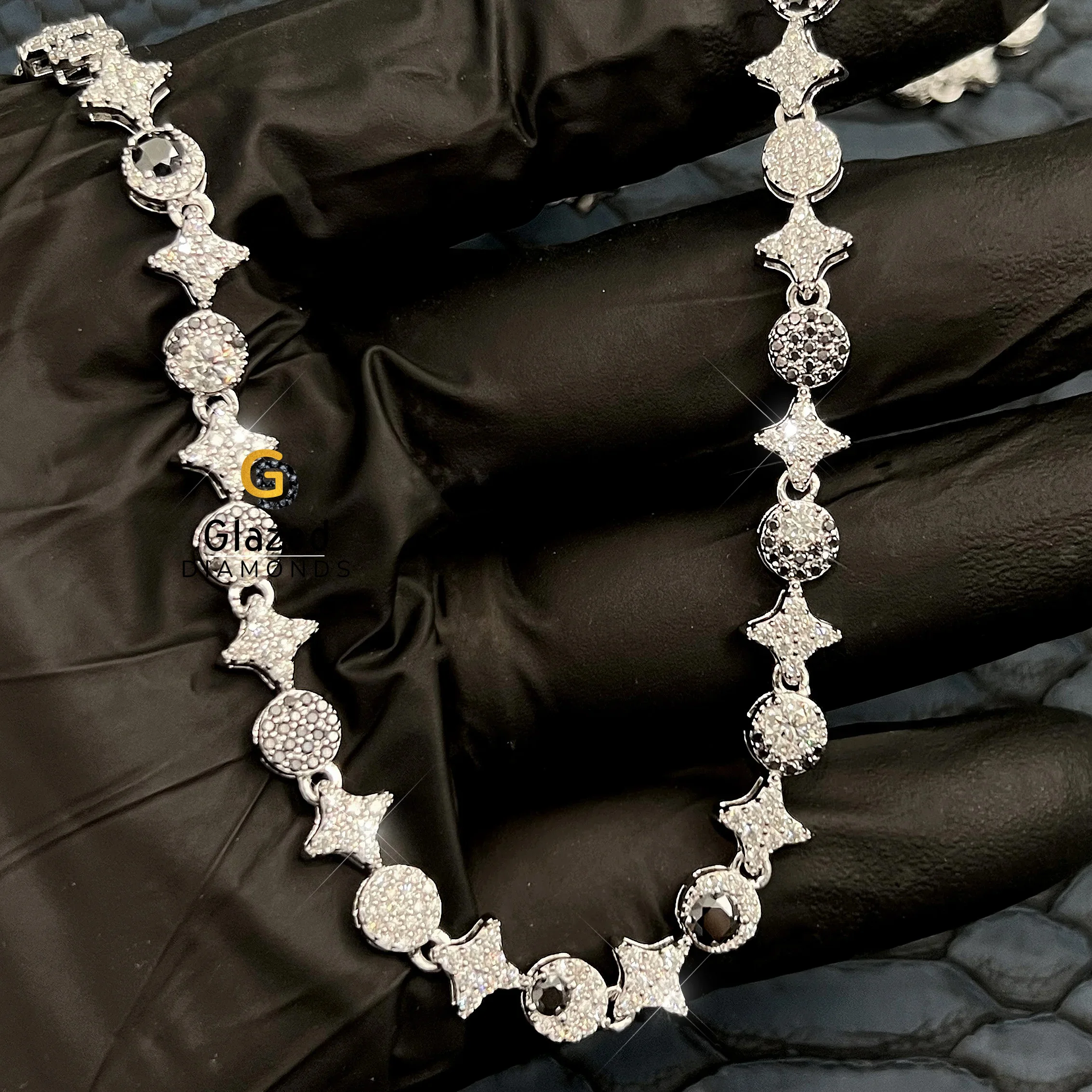 Exclusive 925 Sterling Silver Link Star Moon Party Wear Chain Crafted With Round Cut Moissanite Black And White Color Diamonds
