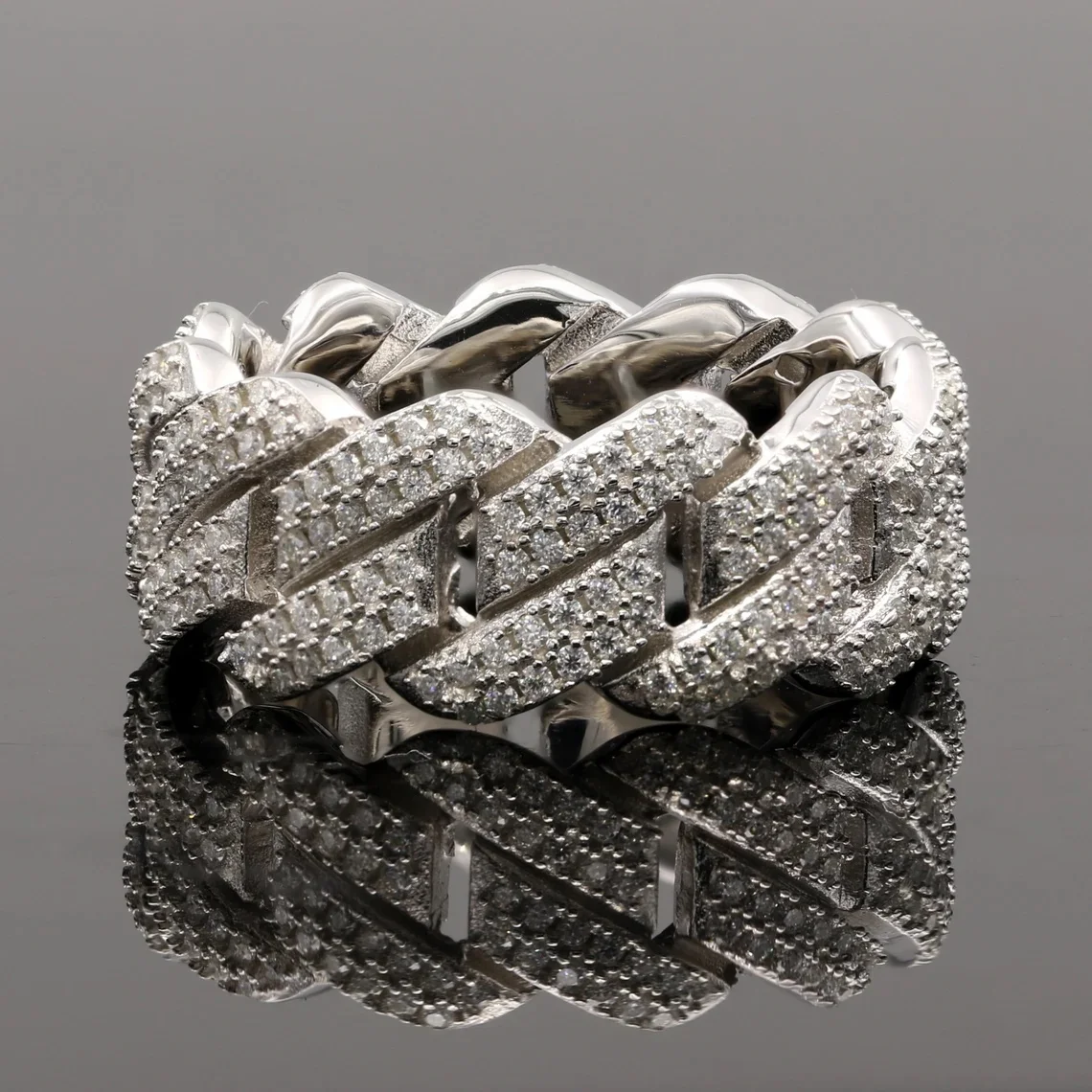 925 Sterling Silver 10mm Moissanite Monaco Cuban Link Hip Hop Ring Custom Jewelry Men Ring Sterling Silver Baguette  Ring