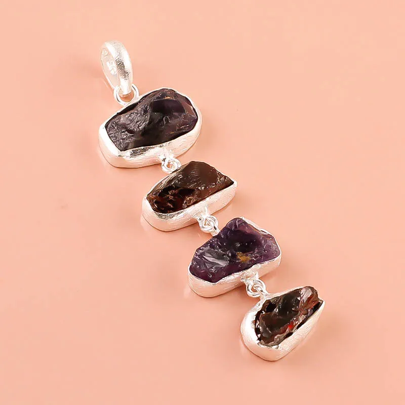 925 Sterling Silver Natural Raw Blue Kyanite , Amethyst, Garnet Gemstone Pendent, Handmade 925 Silver Gemstone Jewelry Exporter