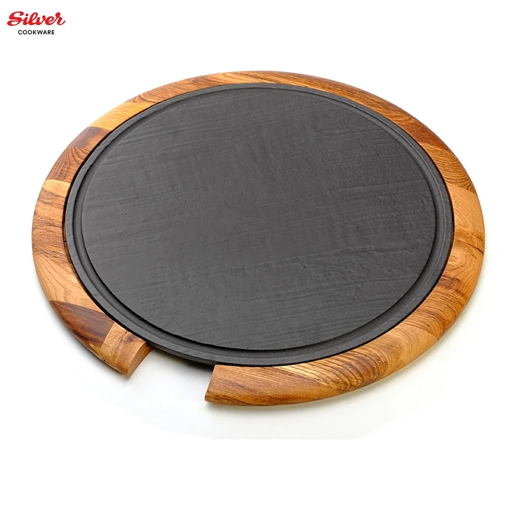 Service Platters Cast Iron with Wooden Base 36 Cm Plate Dish Stone Patterned Service PLATTER Customized Pattern Color Enamel 4mm