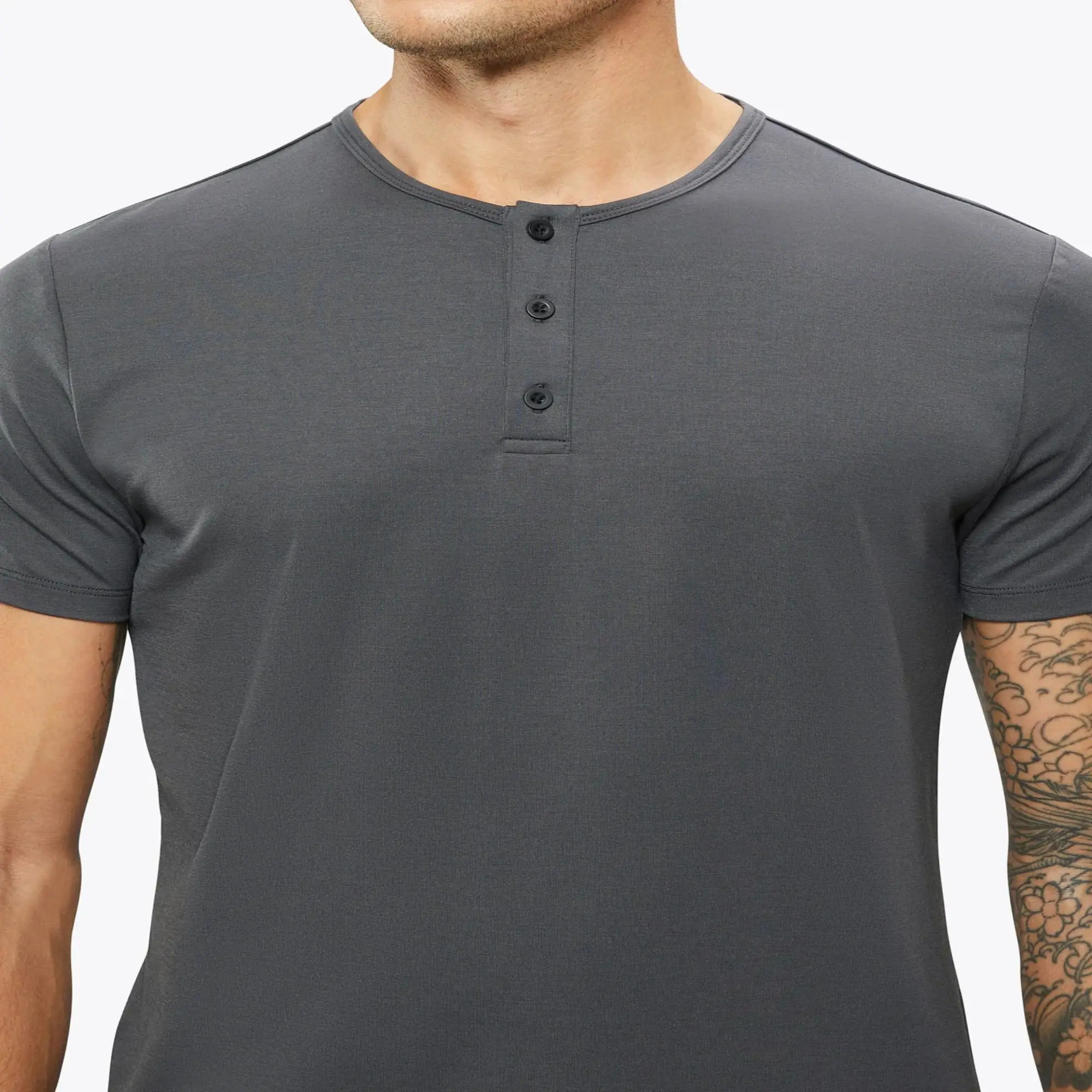 Buttery Soft Henley Shirt 62% Polyester, 33% Cotton, 5% Spandex, Signature Fit, Curve-Hem, Graphite
