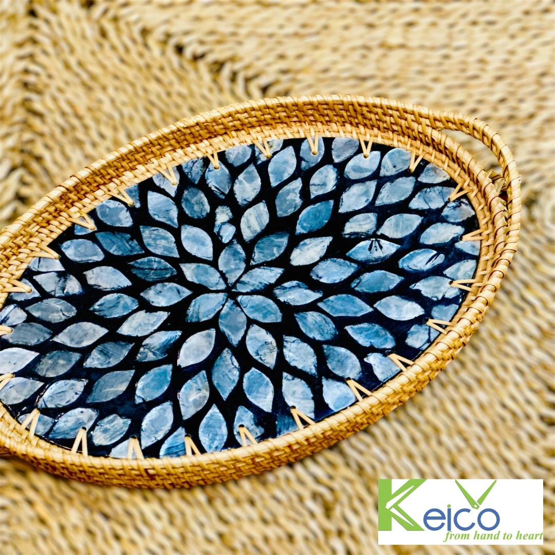 Wholesale Black Rattan Oval Plates and Dishes with Mosaic, Ceramic Customized Pattern For Kitchen For Home Decor made in Vietnam