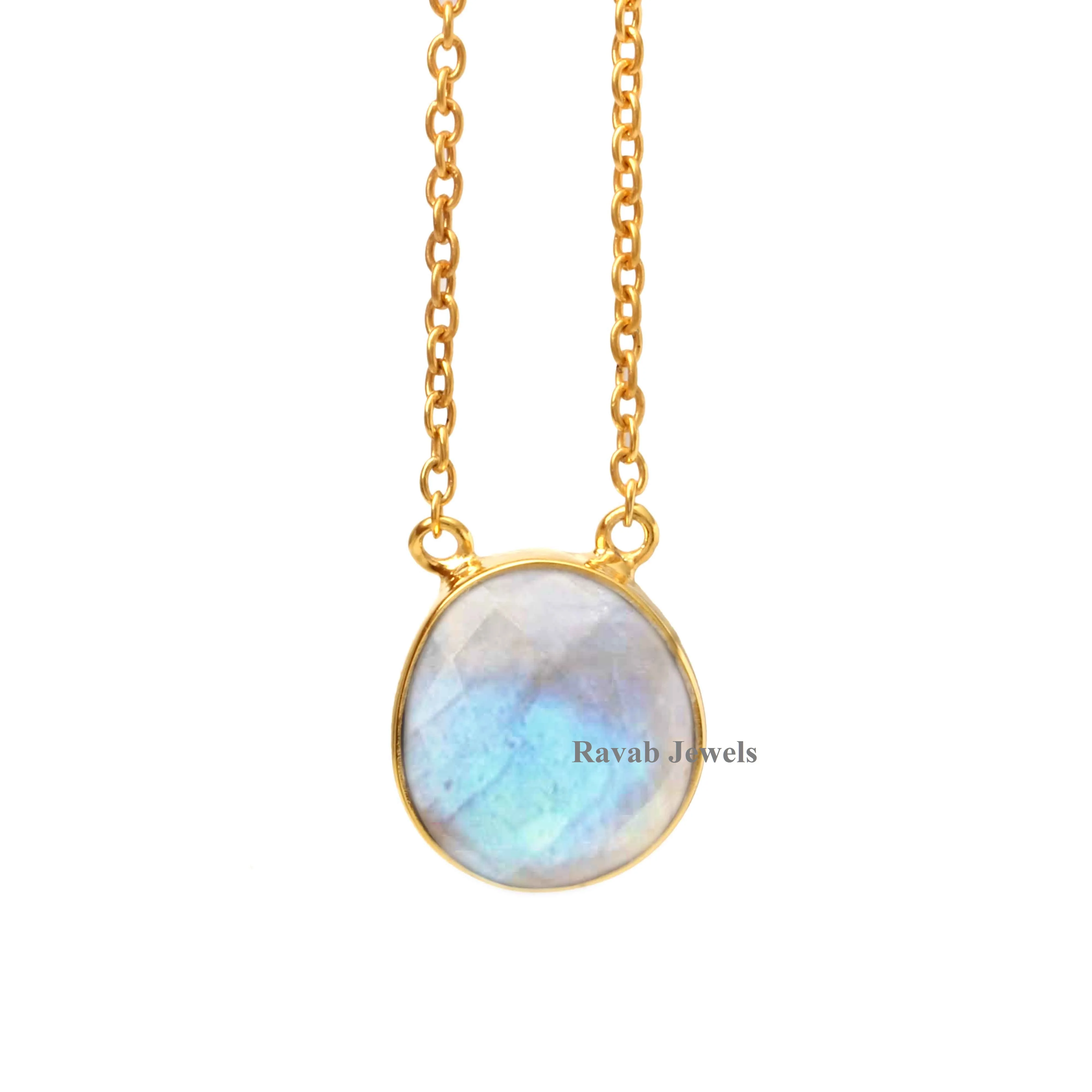 2023 Trendy Custom Manufacture Gemstone Women Necklace Natural Flashy Rainbow Moonstone Gold Plated 925 Sterling Silver Jewelry