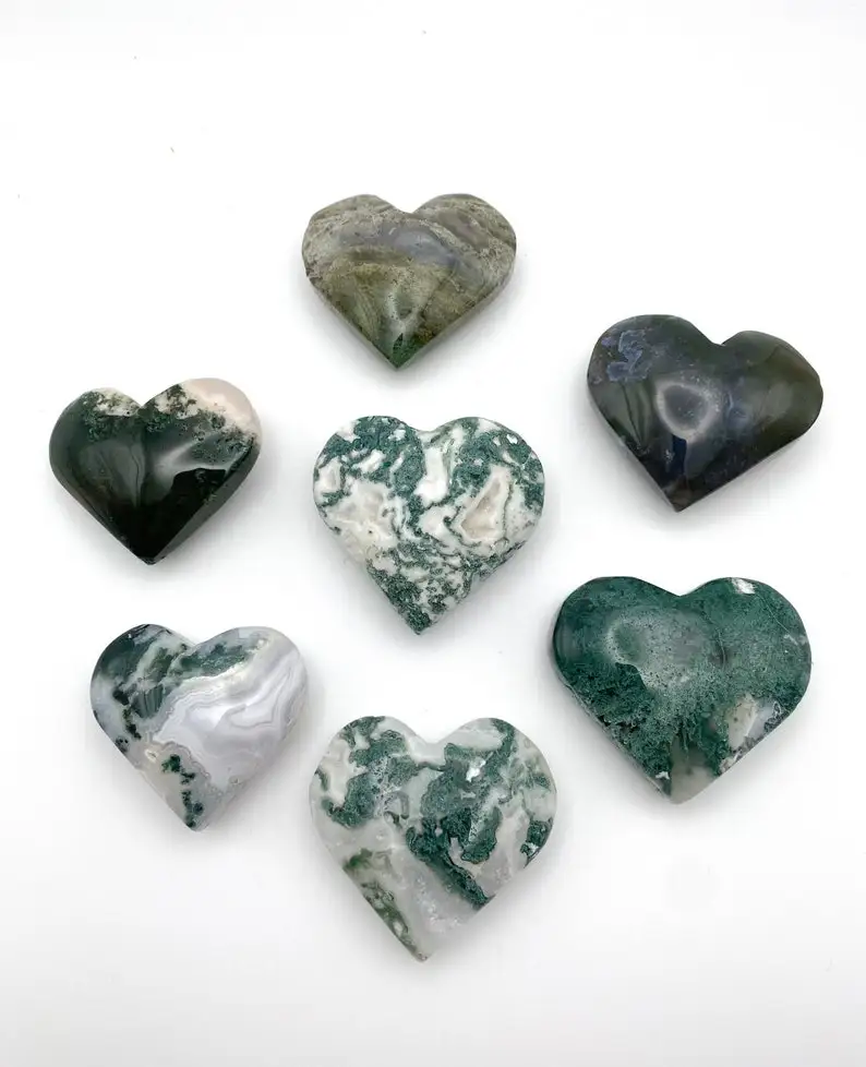 Wholesale Factory Price Natural Moss Agate Crystal Heart High Polished Moss Agate Healing Puffy Heart For Fengshui Ornaments