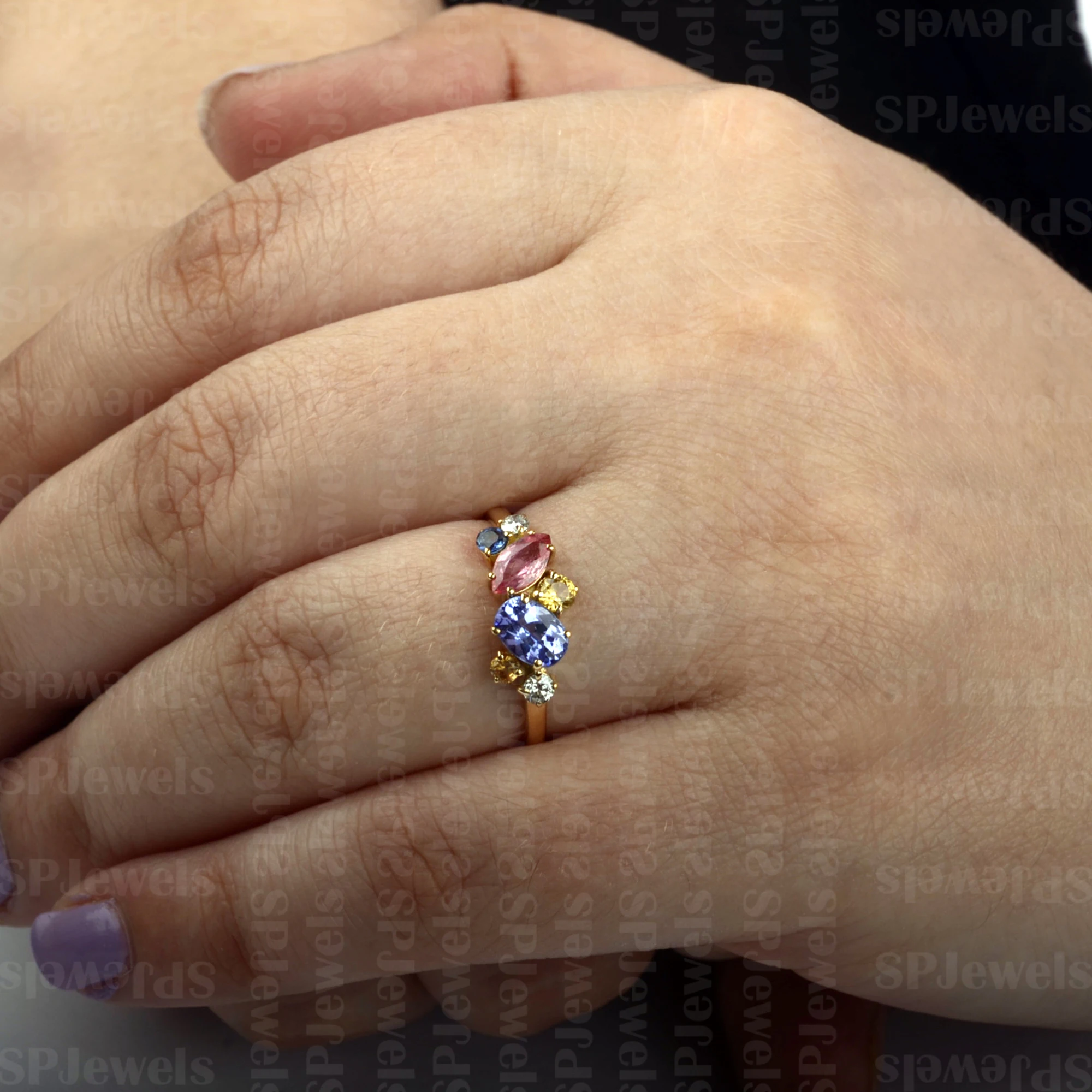 Trendy Multi Stones Rings Solid 18K Yellow Gold Unshaped Design Natural Gemstone SI G-H Diamond Wedding Ring Available for Ship