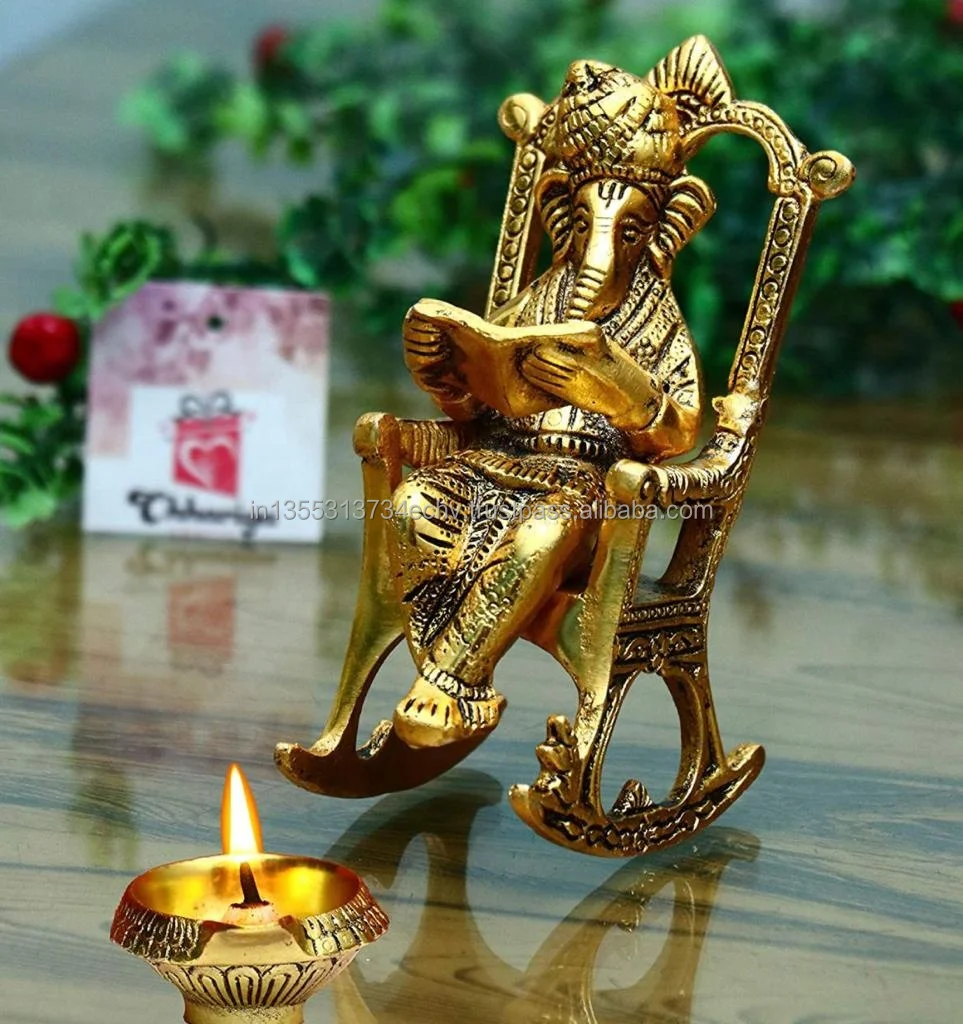 Lord Ganesha Reading Statue Handicraft Figurine of Ganesh Vinayak Puja Idol Decorative Metal Craft Showpiece Return Gift