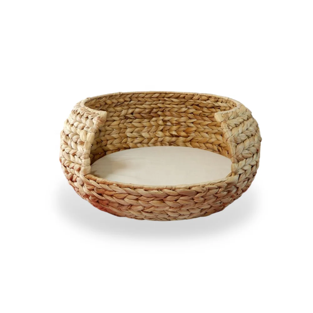 New Eco Friendly Hyacinth Pet Bed Plush Round Cat Cushion Deep Sleep Cat Dog Sofa Bed Woven Pet Bed Adorable