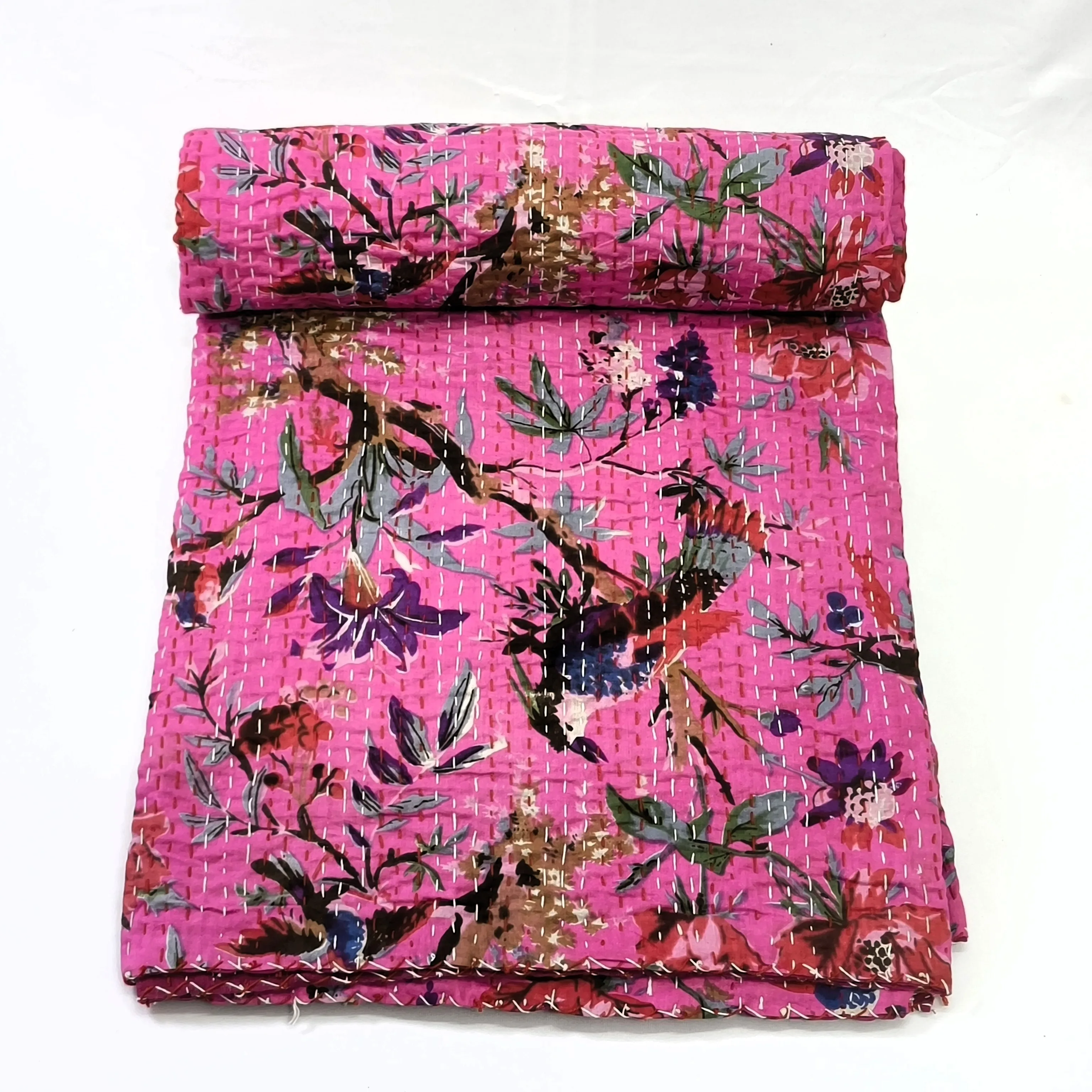 Bird Design Kantha Quilt Bedspread Bed Cover Indian Handmade Vintage Stitch Reversible Bedspread Decorative Kantha Quilts