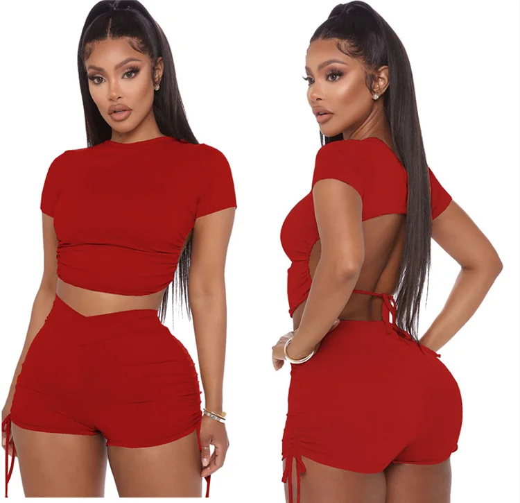 Women Short Sleeve T Shirts and Pants 2 Piece Outfit Set Drawstring Solid Sports Sets