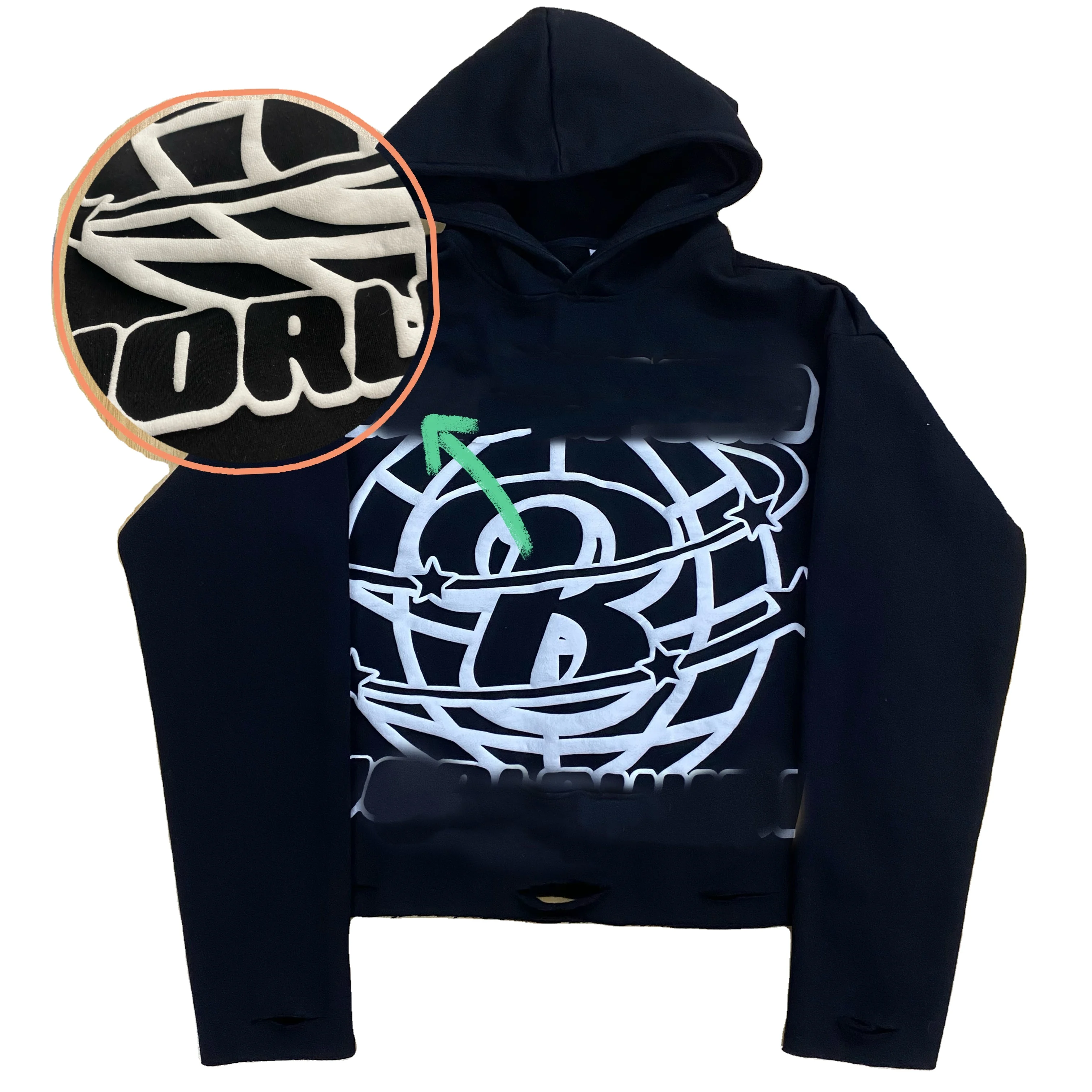 OEM Custom Logo Heavyweight 450 GSM No String Oversized 100% Cotton Graphic 3D Puff Printing Cropped Hoodie