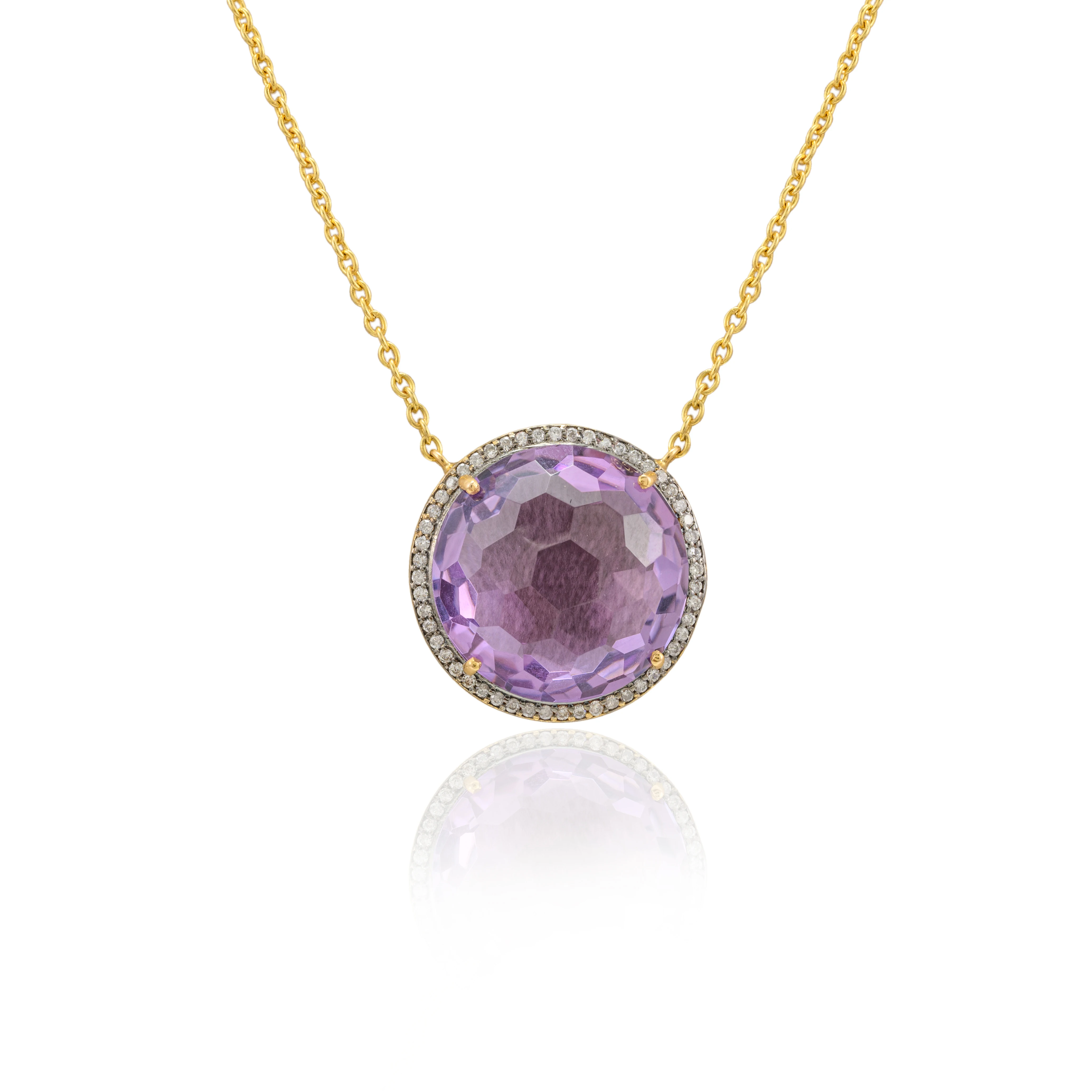 Handmade 100% Natural Round Football Cut Amethyst And Diamond 14K Solid Yellow Gold February Gemstone Necklace Fine Jewelry