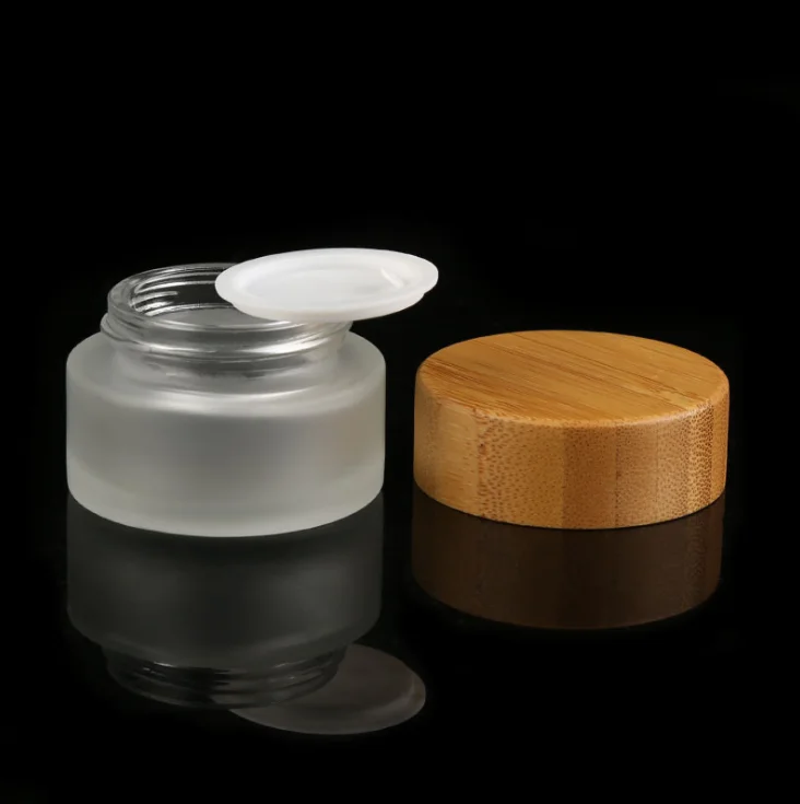 New Arrival 5G 15G 30G 50G 100G Wide Mouth Empty Frosted Transparent Clear Glass Cosmetic Bamboo Wood Lids Cream Jar