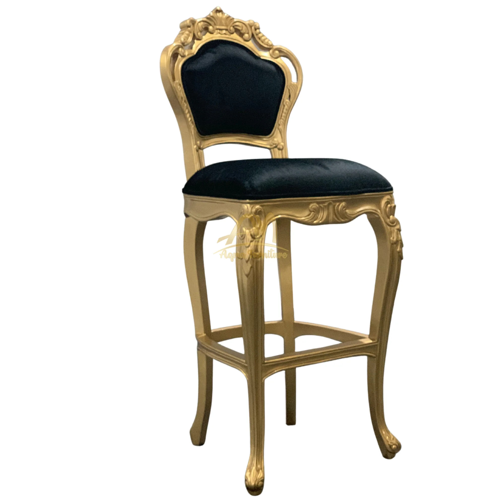 Wooden Bar Stools Black Velvet Gold Color Stools Luxury Hight Chair Carved By Hands