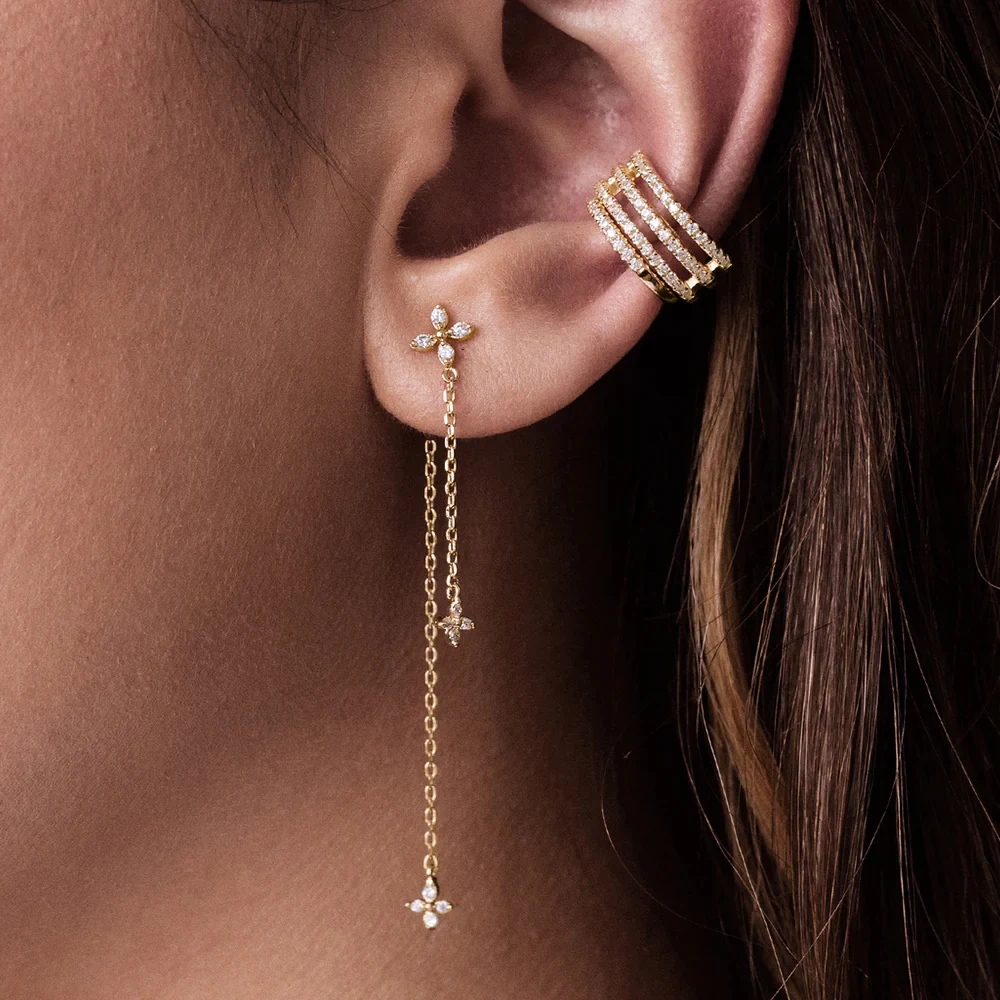 New Trendy Fine Jewelry Flower Diamond Chain Tassel Earring Gold Plated 925 Sterling Silver Earrings Long Drop