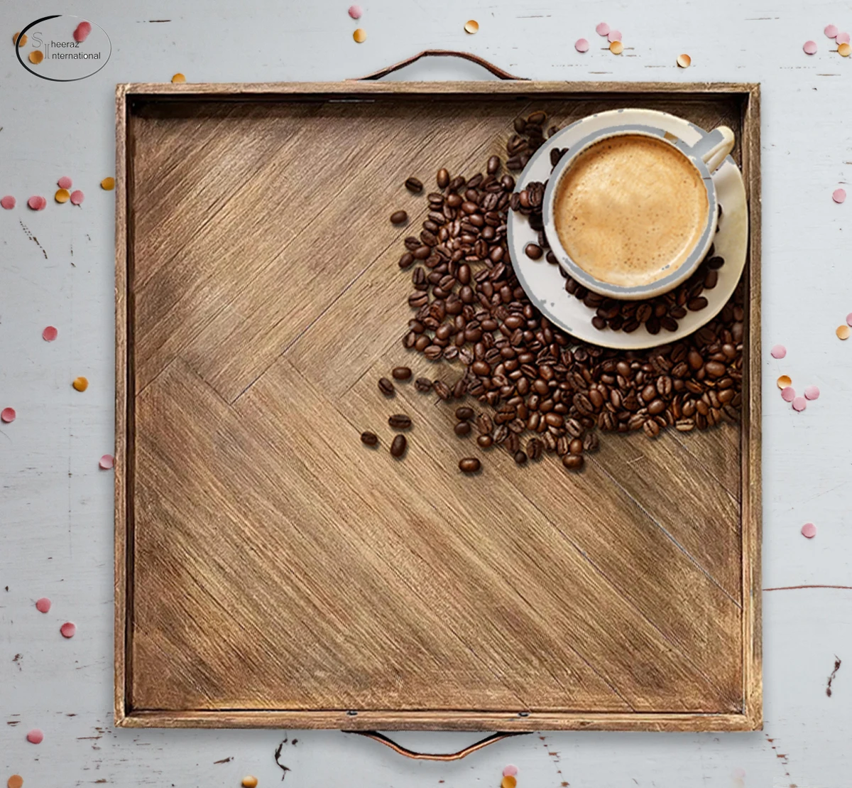 High Quality Square Large Ottoman Acacia Wooden Serving Tray with Leather Handles Commercial Restaurant Food Tray Breakfast Tray