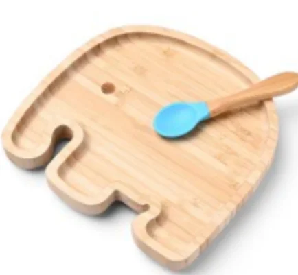 Reusable Bamboo Feeding Set 100% Eco-Friendly  Animal Shape Wooden Plate with Spoon and Fork