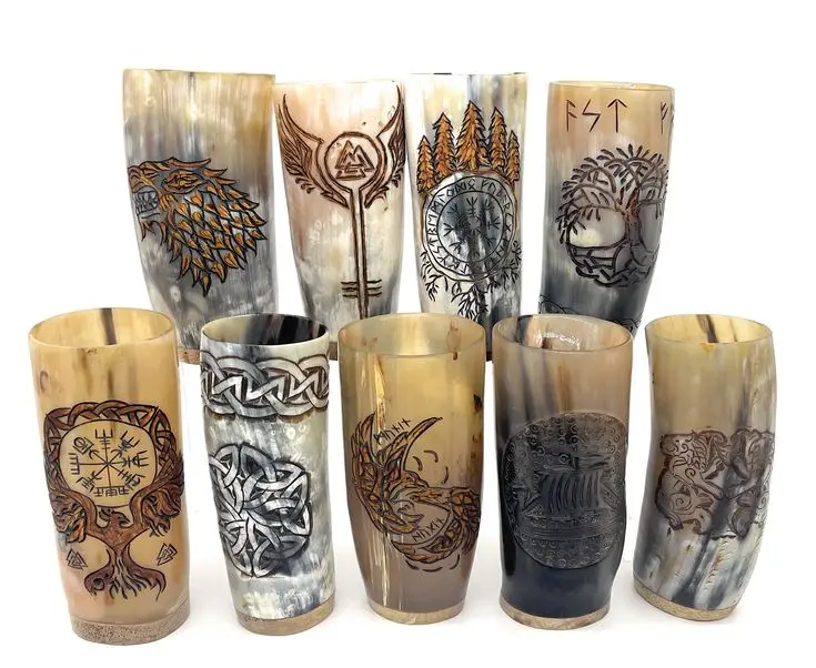 horn glass  Carved Viking Horn Tankard  Natural black and white shot horn glass and customized size   agate