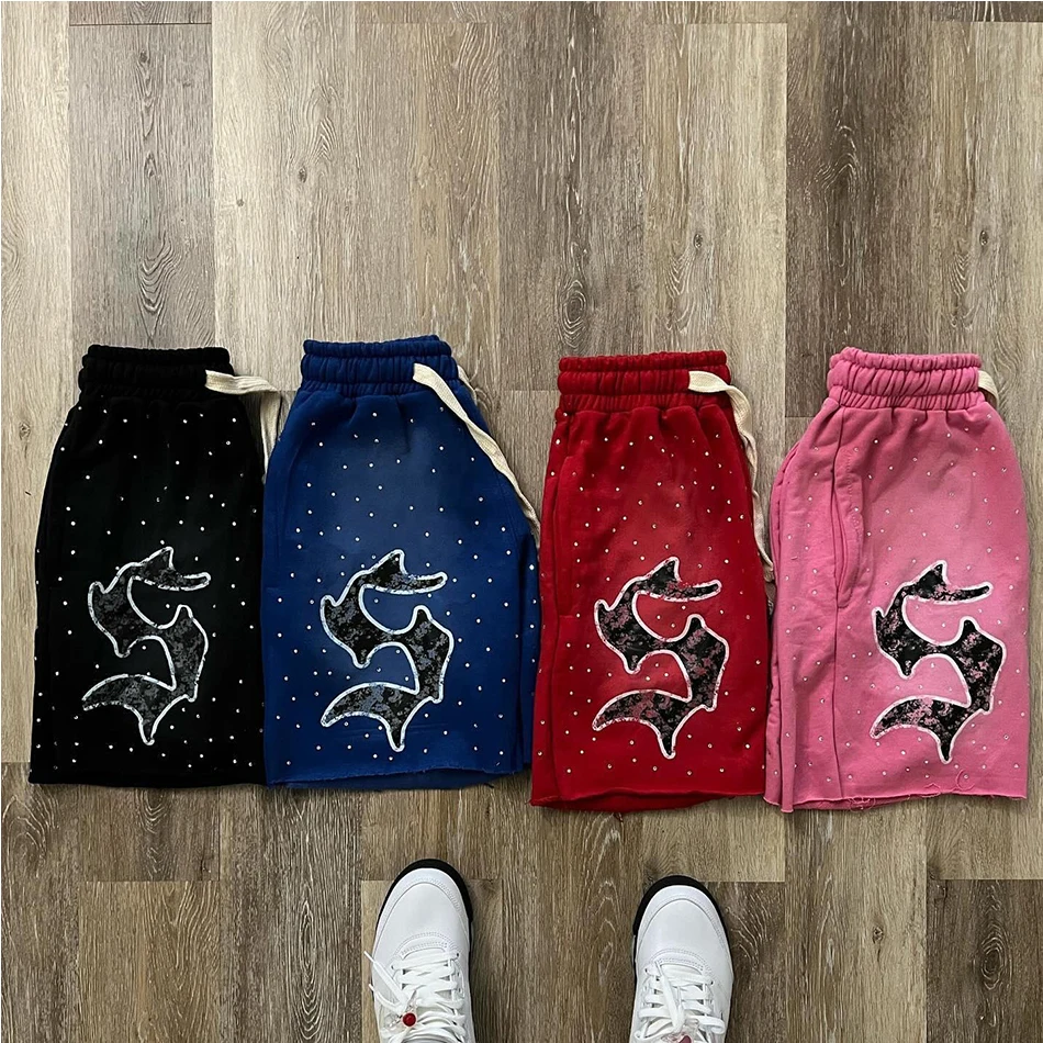 OEM Custom Logo rhinestone screen Print Drawstring Acid Wash Shorts 100% Cotton Sunfade Shorts For Men
