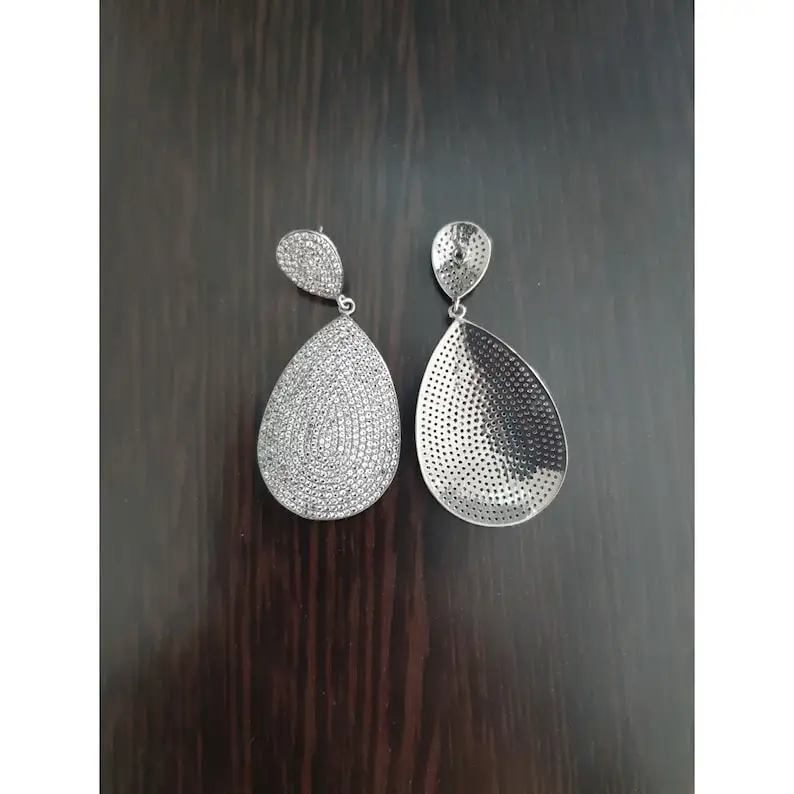 925 Sterling Silver Dangle Earring White Topaz Gemstone Vintage Jewelry Pave Setting Black Oxidized