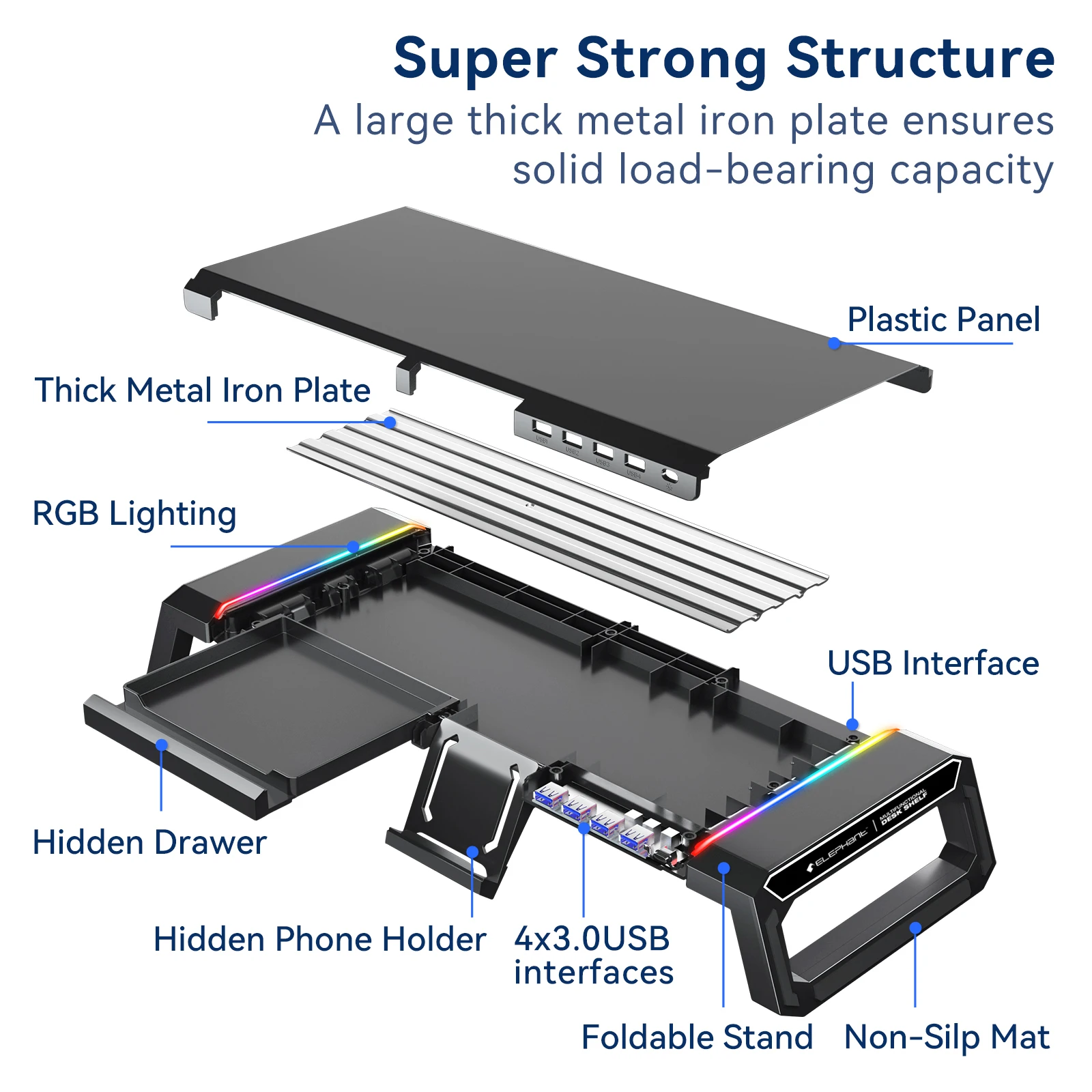 New design super strong structure dual monitor stand computer riser with USB 3.0 hub ports RGB Light desk shelf
