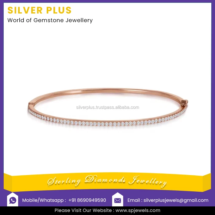 Best Selling 18kt Solid Rose Gold Single Row Pave Diamond Sleek Bangle Bracelet Gold Diamond Jewelry