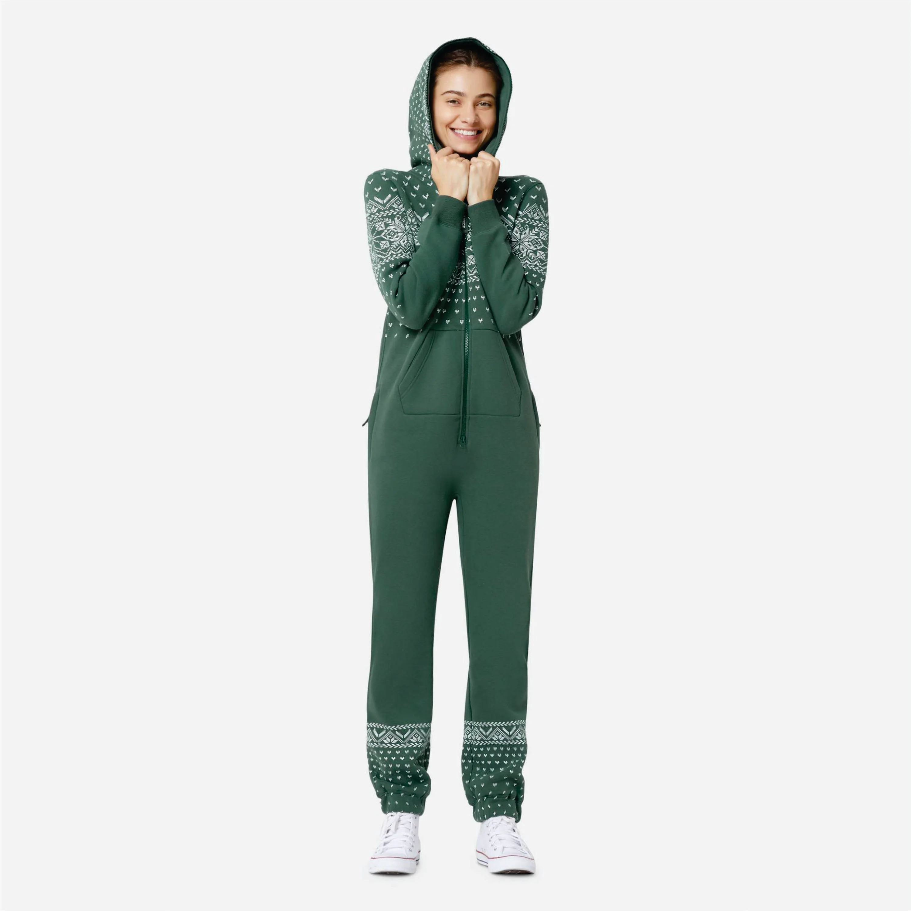 Print Detail and Embroidered Logo 50% Polyester 50% Cotton Side Pockets with Zipper Closure Unisex Green Alpine Jumpsuit
