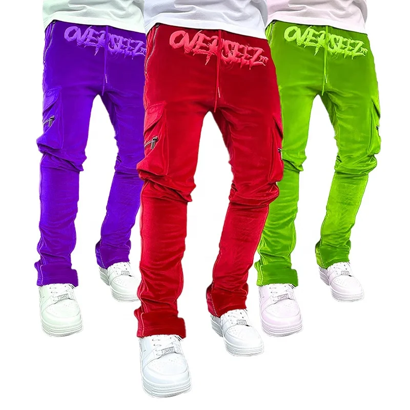 Custom logo high quality baggy stacked pants joggers velvet track pants mens