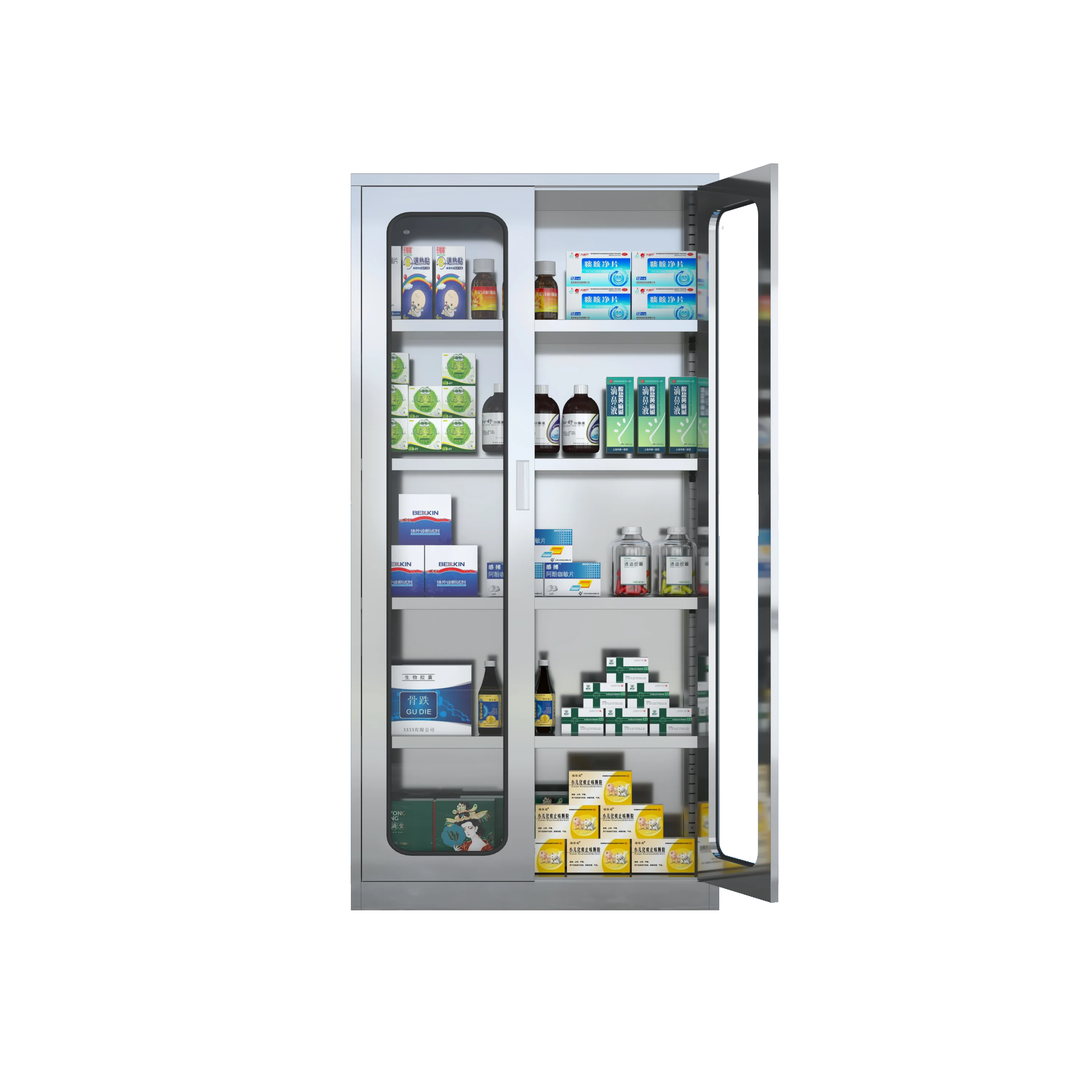 Metal high quality double glass door with two drawers hospital storage stainless steel medical cabinet  laboratory furniture