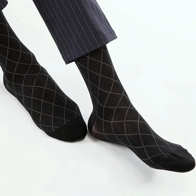 2024 Diamond Lattice Business Men Socks Formal Tube Suit Leather Shoes Crew Socks Black Business Cotton Socks For Men