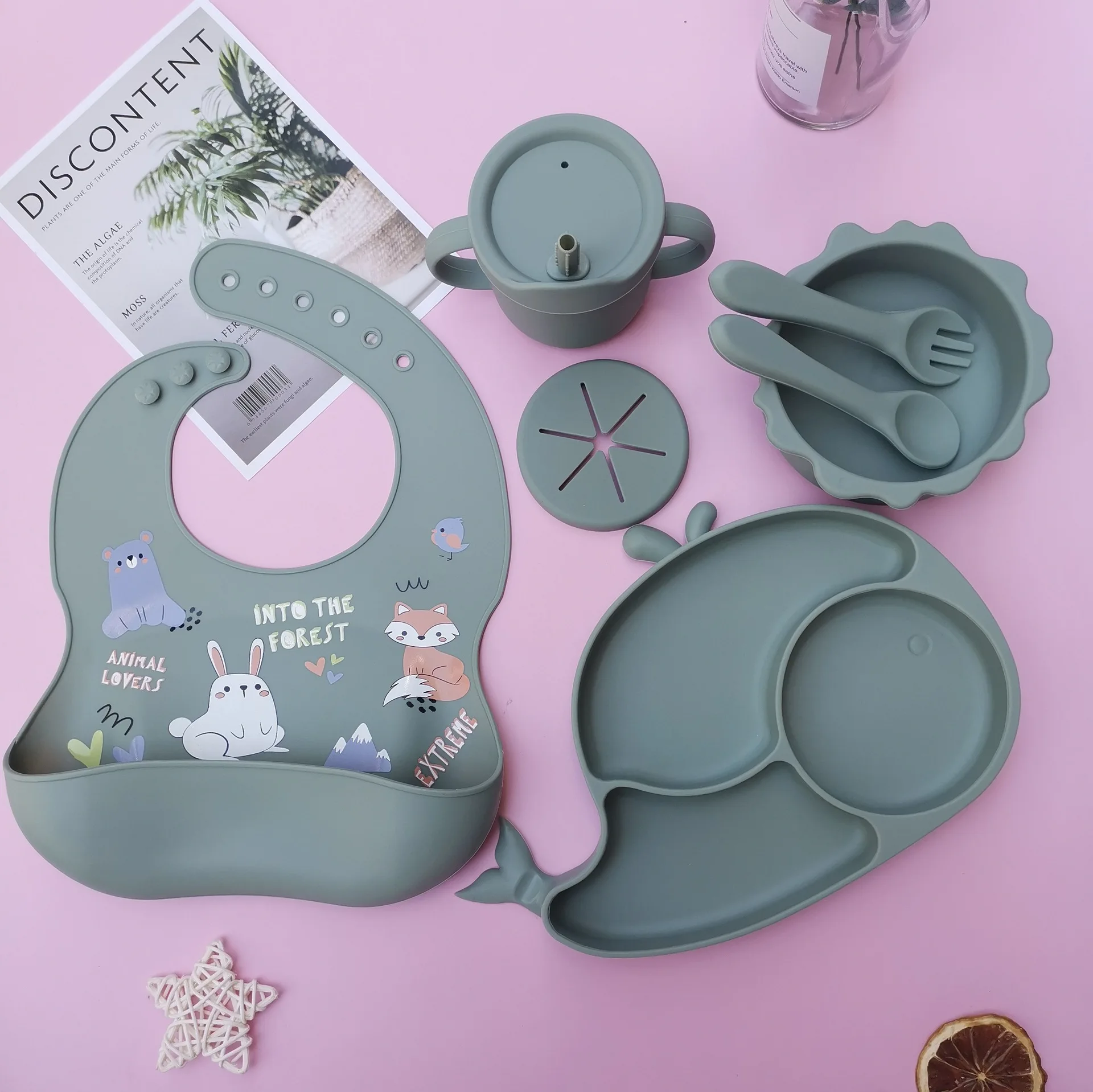 Silicone baby feeding sets Divided Suction dinner plate sets on chair Supplementary food plate sets bowl bibs spoon water cup