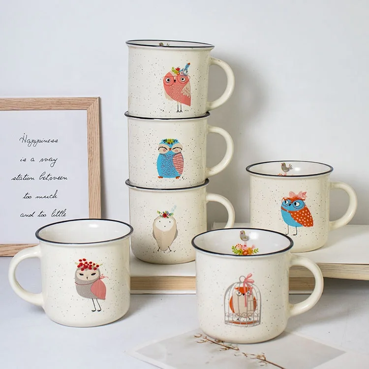 Cute Cartoon Owl Bird Speckled Ceramic Cup Coffee Mug Tea Milk Lovely Animal Luxury Kids Gift Box Set Black Rim Custom Logo