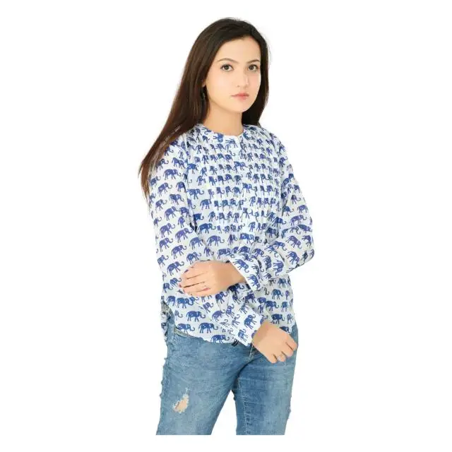 Casual women top block print shirt summer wear handmade cotton blouse full sleeve