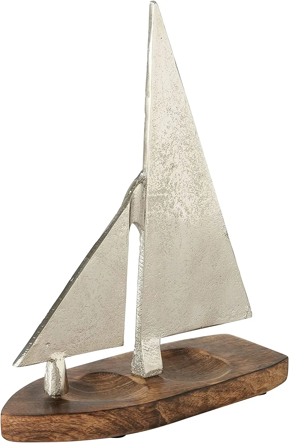 Silver Spinnaker Sail Boat Sculpture Polished Aluminum Handmade Tabletop Boat Shape Accent With Wooden Base For Office and Home