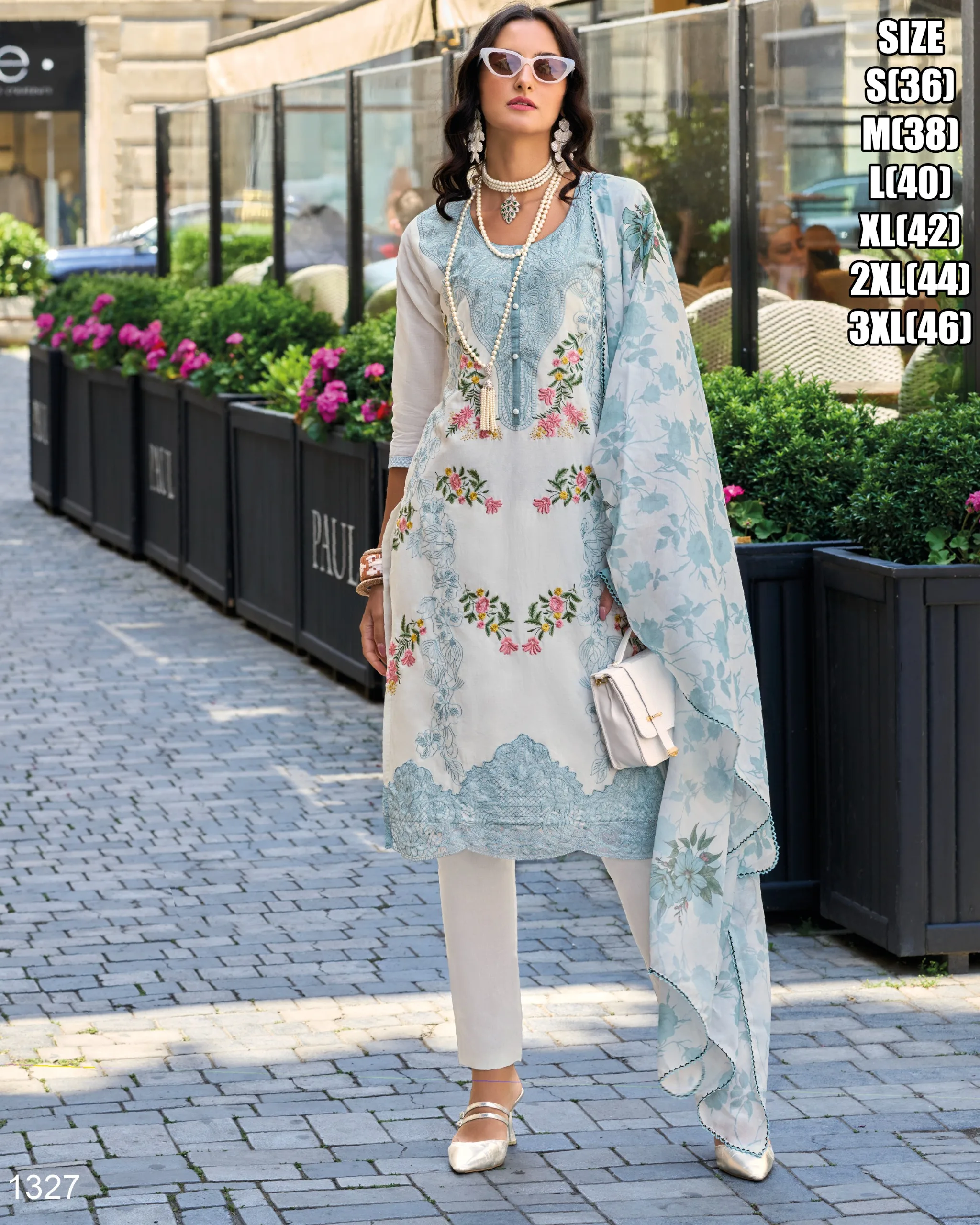 Floral Designs White Cotton Crew Neck Embroidery Readymade Festive Wear Kurti Pent Set Available At Affortdable Price From India