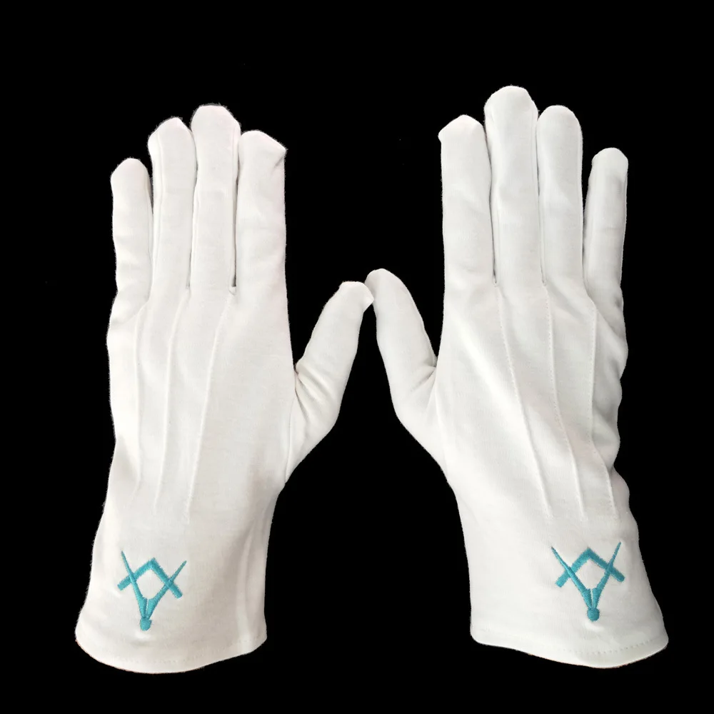 Fashion Masonic Cotton Blue Embroidered Square Compass Logo Soft Breathable White Three Stripes Hand Freemason Gloves