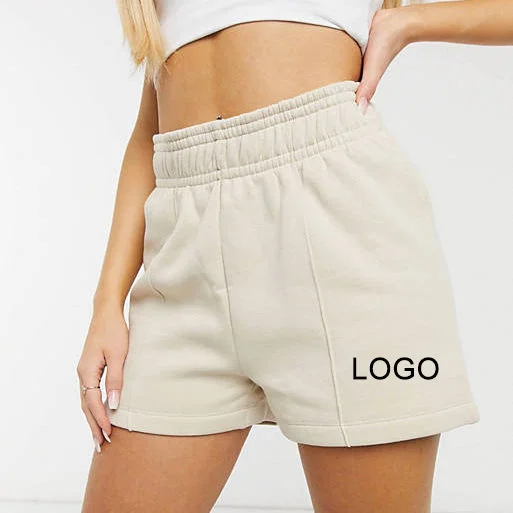 Custom Logo Bermuda High Waist Summer Running Workout Gym Plain Blank Beige Fleece Cotton Women Sweat Shorts