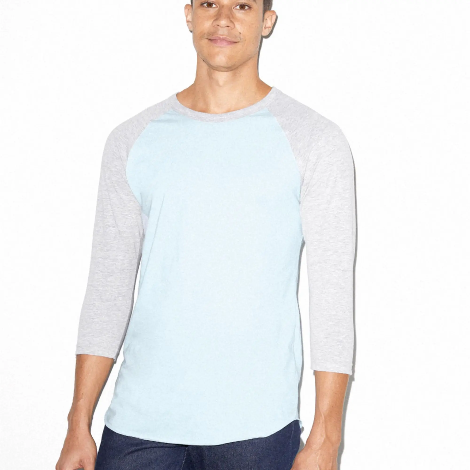 Ультрамягкое 50% хлопок полиэстер 200 gsm Slim Fit Легкий светло-голубой и серый меланж с рукавами реглан 3/4 футболка длинными