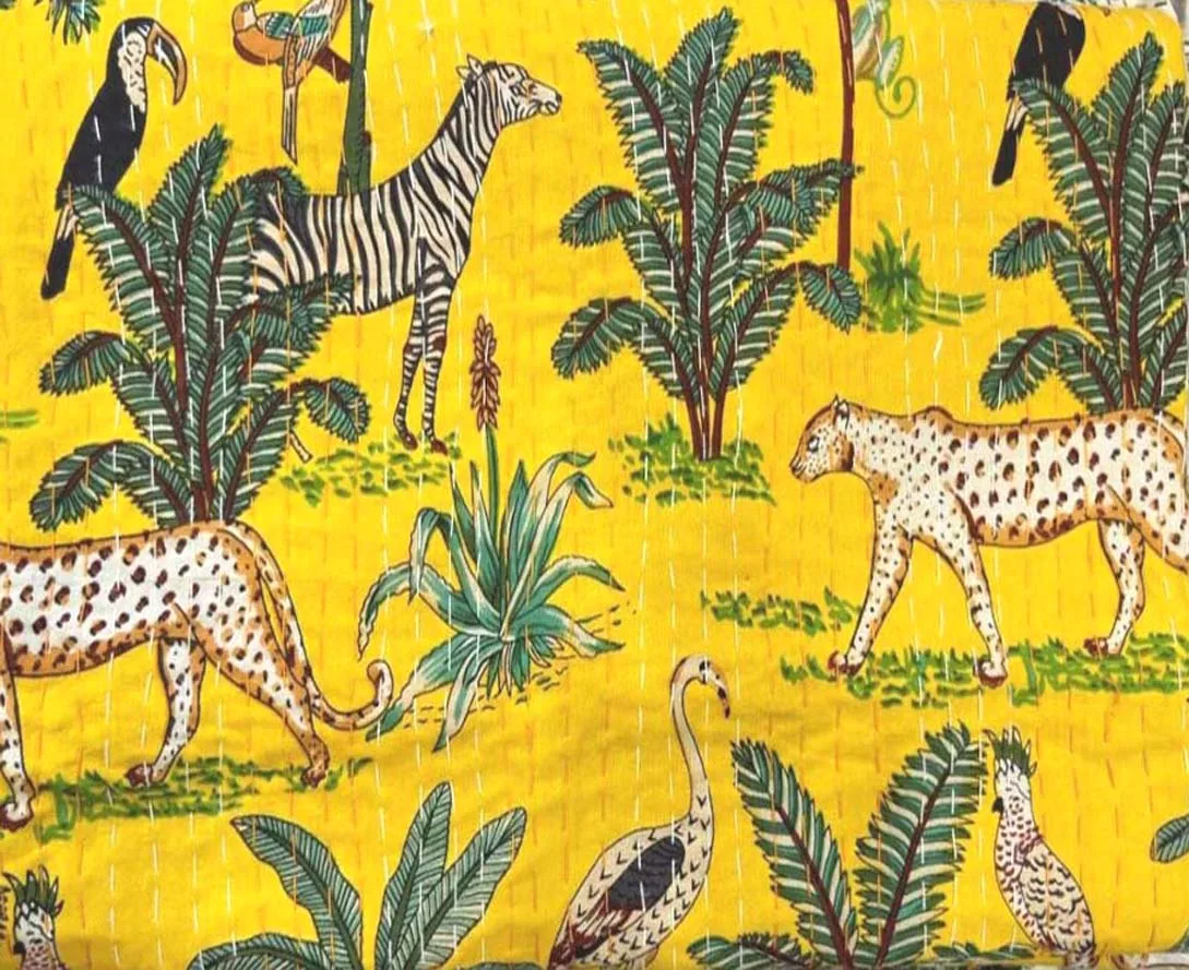 Nice Looking Bohemian Wild Seen Printed Handmade Sari Kantha Yellow Color Quilt for Home Uses