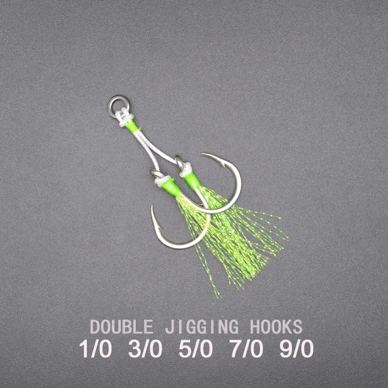 2pcs/Bag High Carbon 1/0  3/0 5/0 7/0 9/0 Double Assist Hook Fishing Hook With Solid Ring For Jigging Lures