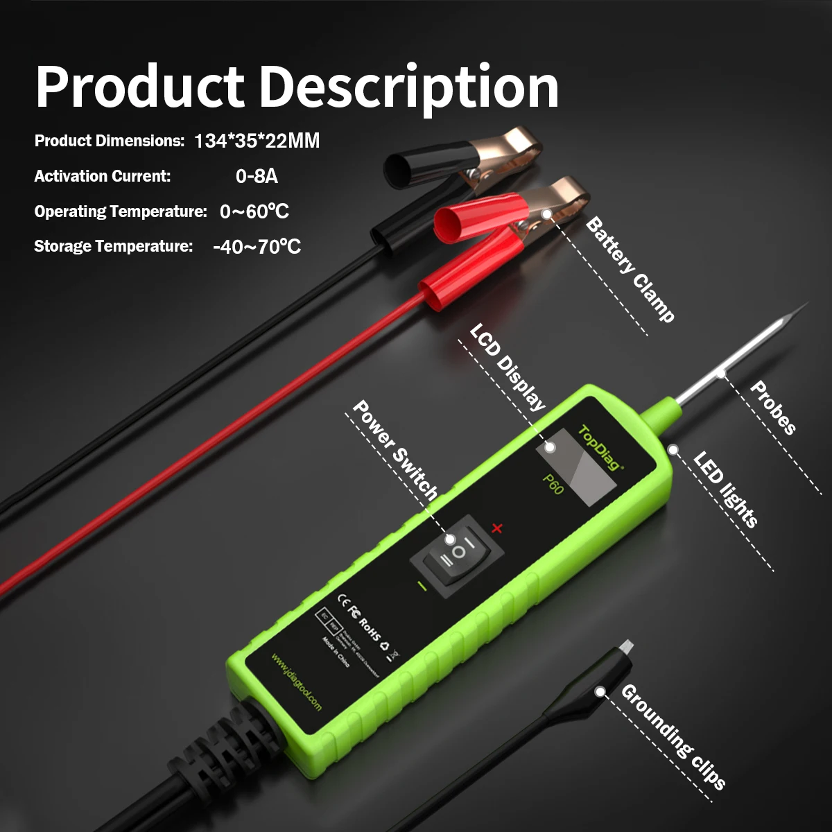 Topdiag P60 Car Circuit Tester Power Probe Automotive Diagnostic Tool 12V 24V Electrical Current Track Locate Short Circuits