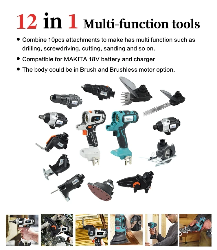 Newest 20V 12in 1 Multi Heads Cordless Power Tool Set Combination Kit Includes Drill Jig Saw Chainsaw Sander OEM Supported