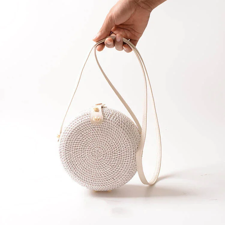 White round Wicker Rattan Beach Bag Custom Pattern Handmade Crossbody Shoulder for Women Natural Vietnam Handbags for Summer