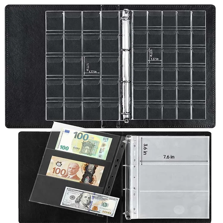 Customized 370 Pockets Coin And Notes Currency Money Stamp Collecting Binder Coin Collector Black Album Coin Collection Book